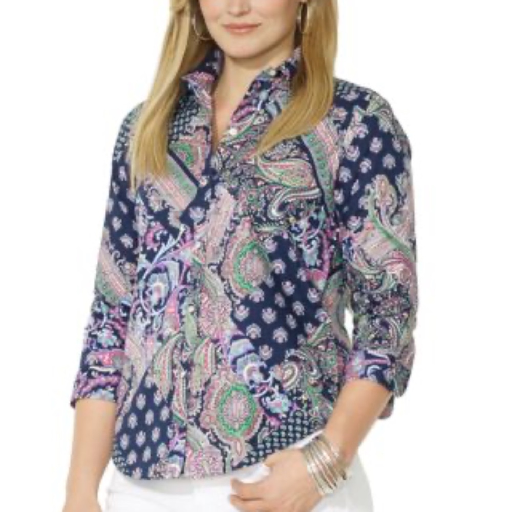 Lauren Ralph Lauren (LRL) Medium Paisley Patchwork Non-Iron Button up Blouse